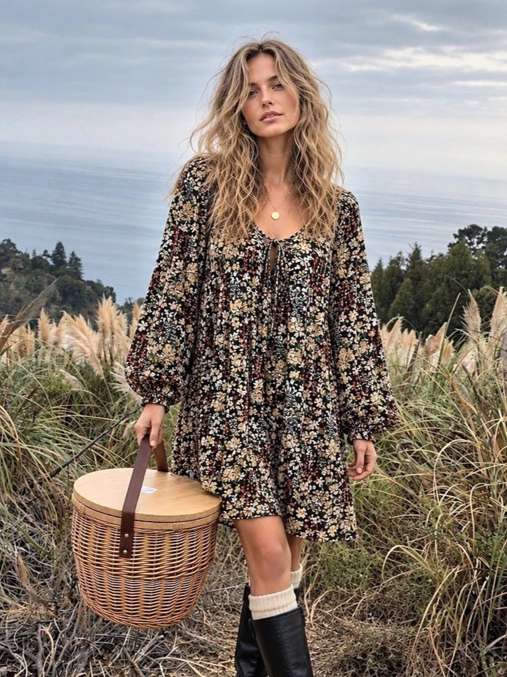 Boho Dark Floral Cottagecore Balloon Sleeve Romantic Mini Tunic Dress S